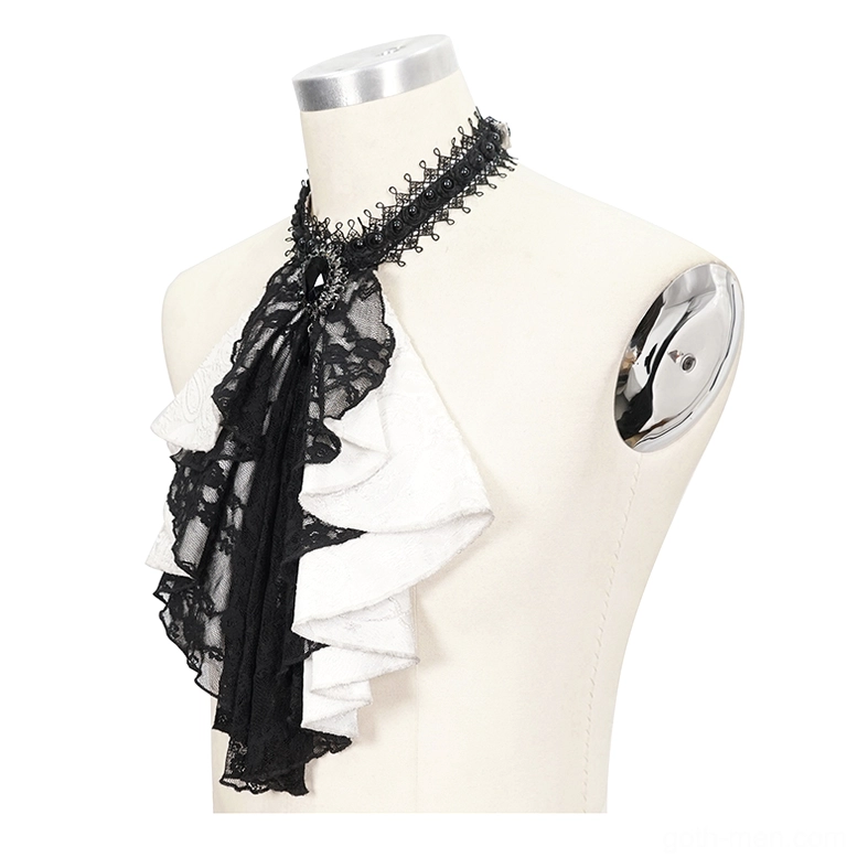 Gothic ruffled necktie three-quarter side view on dress form mannequin, displaying draped black lace and textured white ruffled details from alternative angle