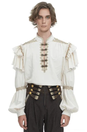 Victorian gothic ruffled linen shirt with beaded collar front view on male model