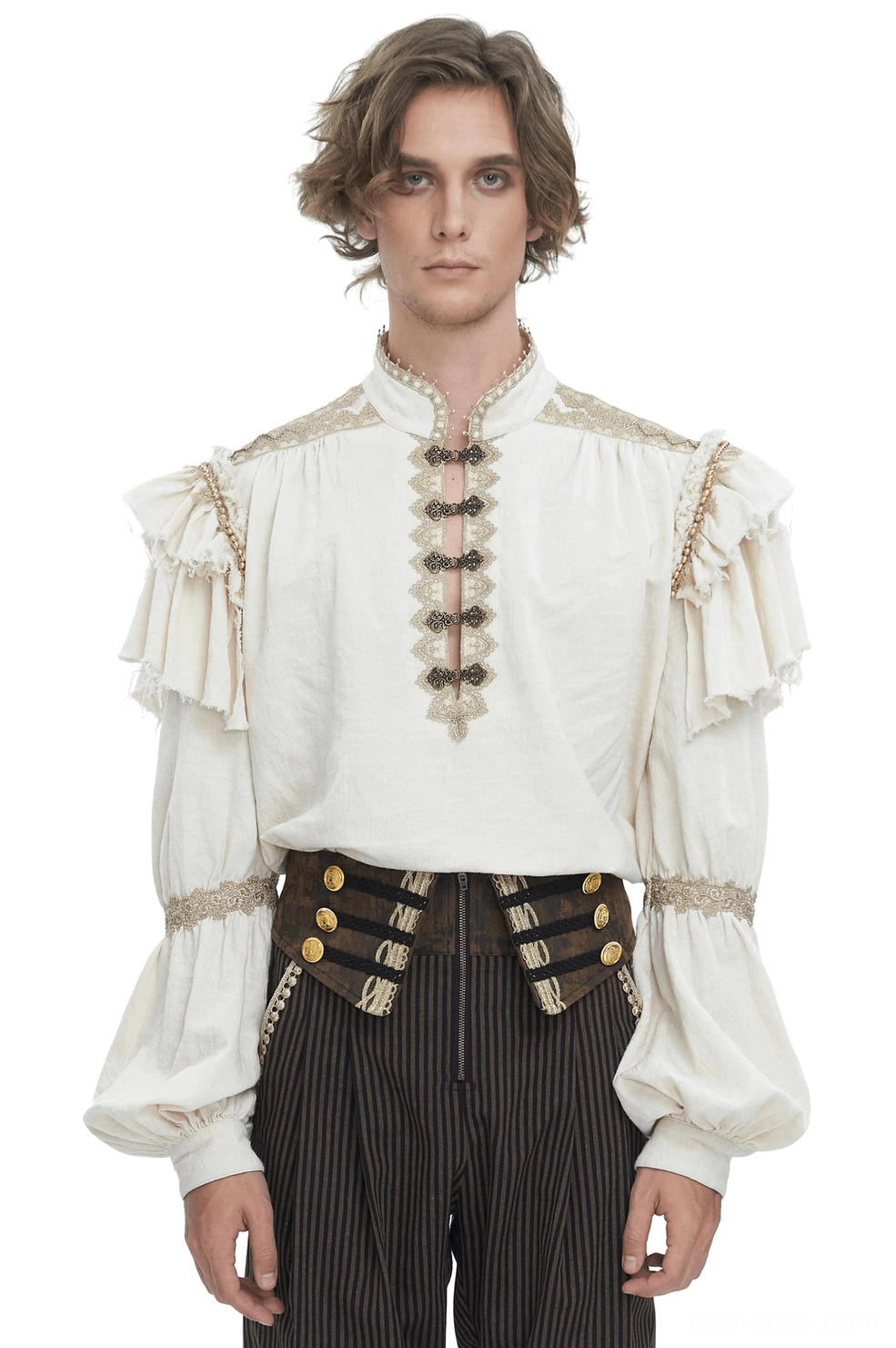 Victorian gothic ruffled linen shirt with beaded collar front view on male model