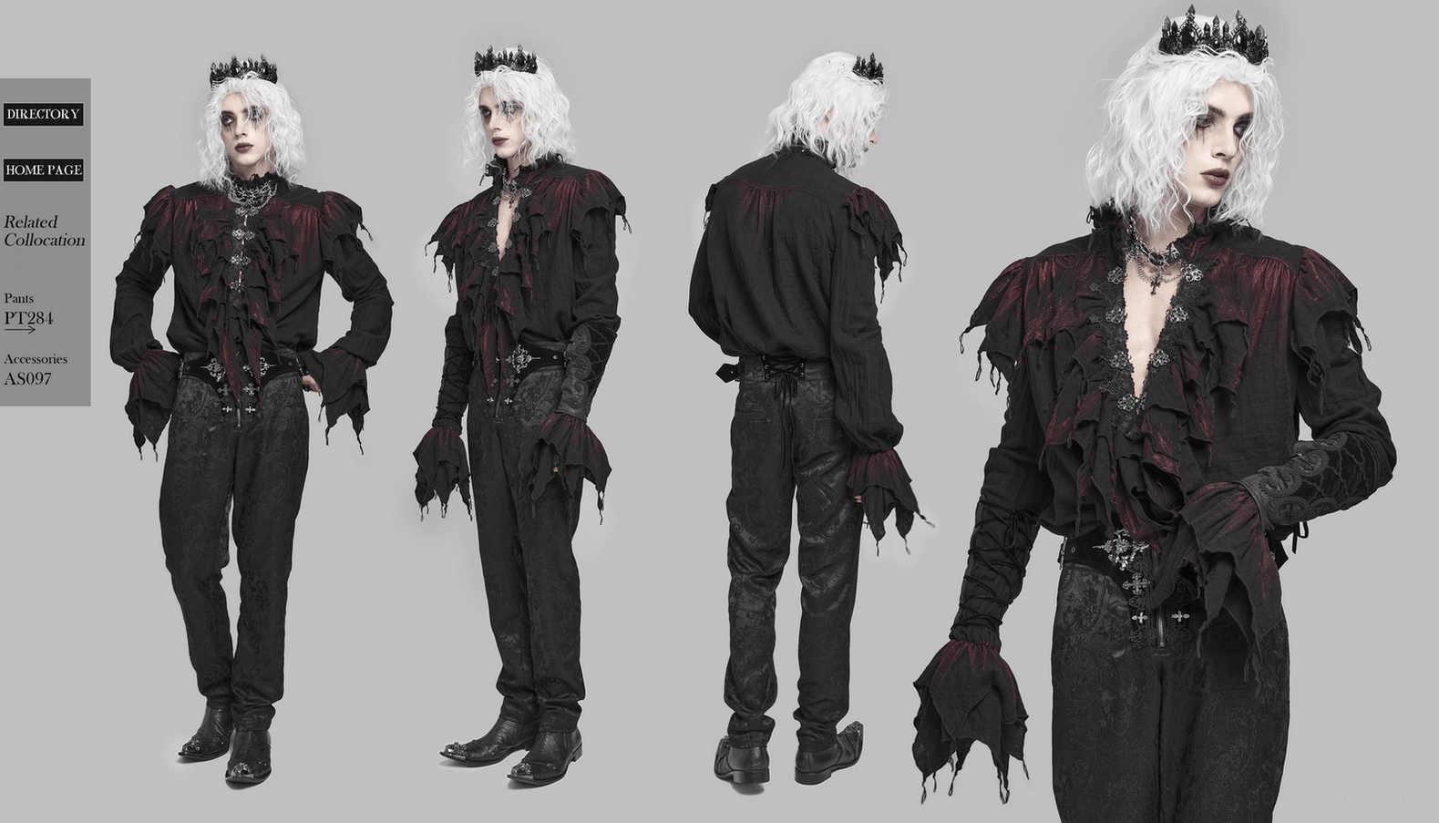 Gothic black ruffled shirt with tattered sleeves and silver clasps, complete product presentation