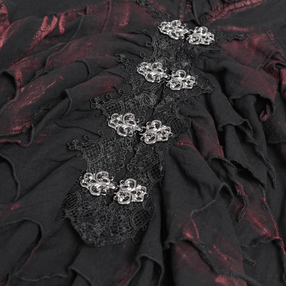 Men's gothic ruffled shirt texture close-up, displaying fabric quality and distressed tattered sleeve construction