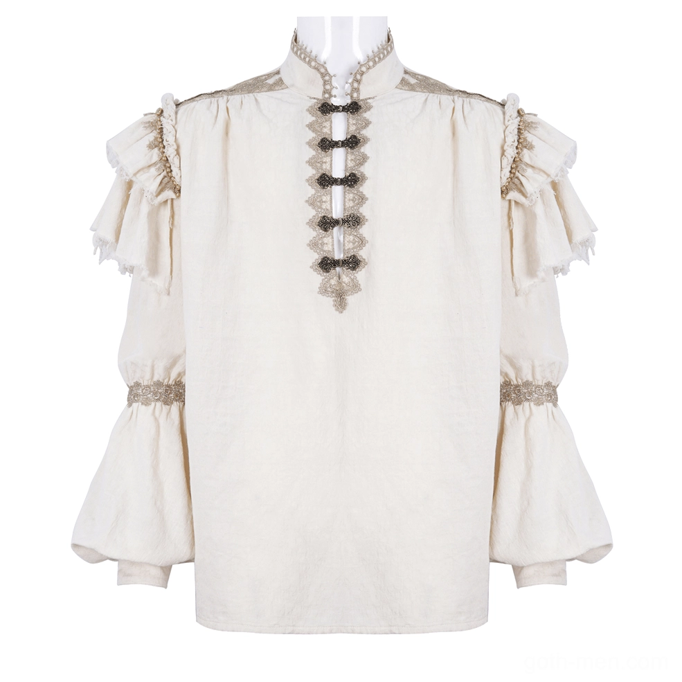 Victorian gothic ruffled shirt on mannequin showing beaded stand collar and metal toggles