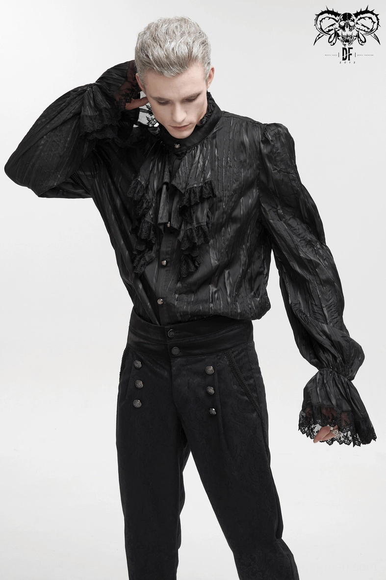 Men's gothic black ruffled shirt paired with formal gothic styling demonstrating sophisticated dark fashion aesthetic