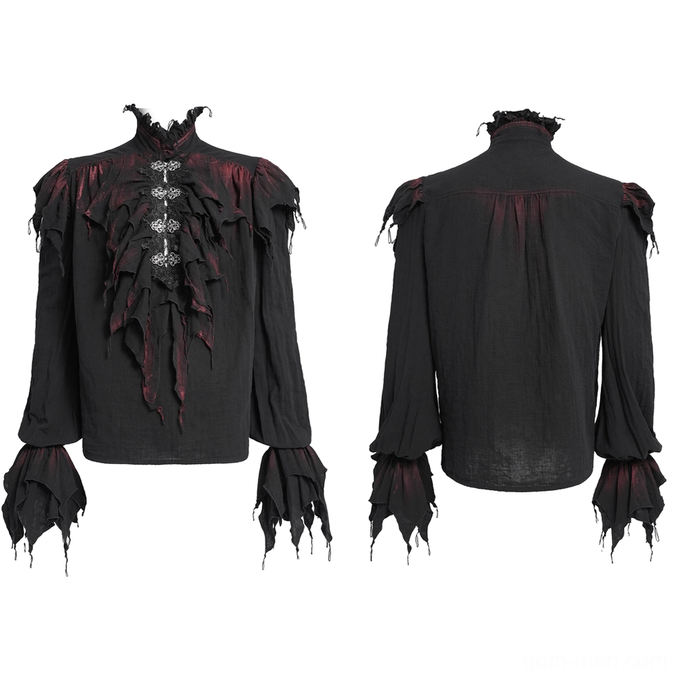 Gothic men's ruffled shirt flat lay, front and back views showing silver clasps and frayed cuff details