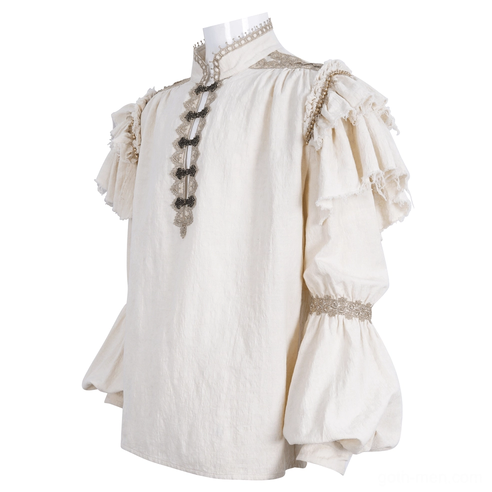 Three-quarter front view gothic ruffled shirt displaying lace cuffs and textured fabric