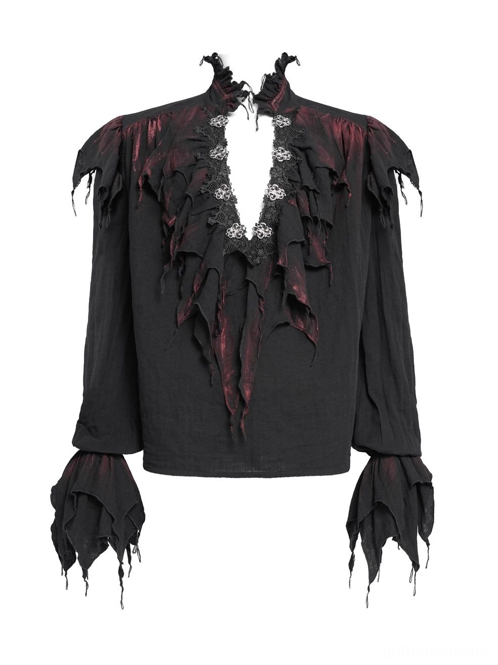 Black gothic ruffled shirt open front flat lay, highlighting decorative silver clasps and placket construction
