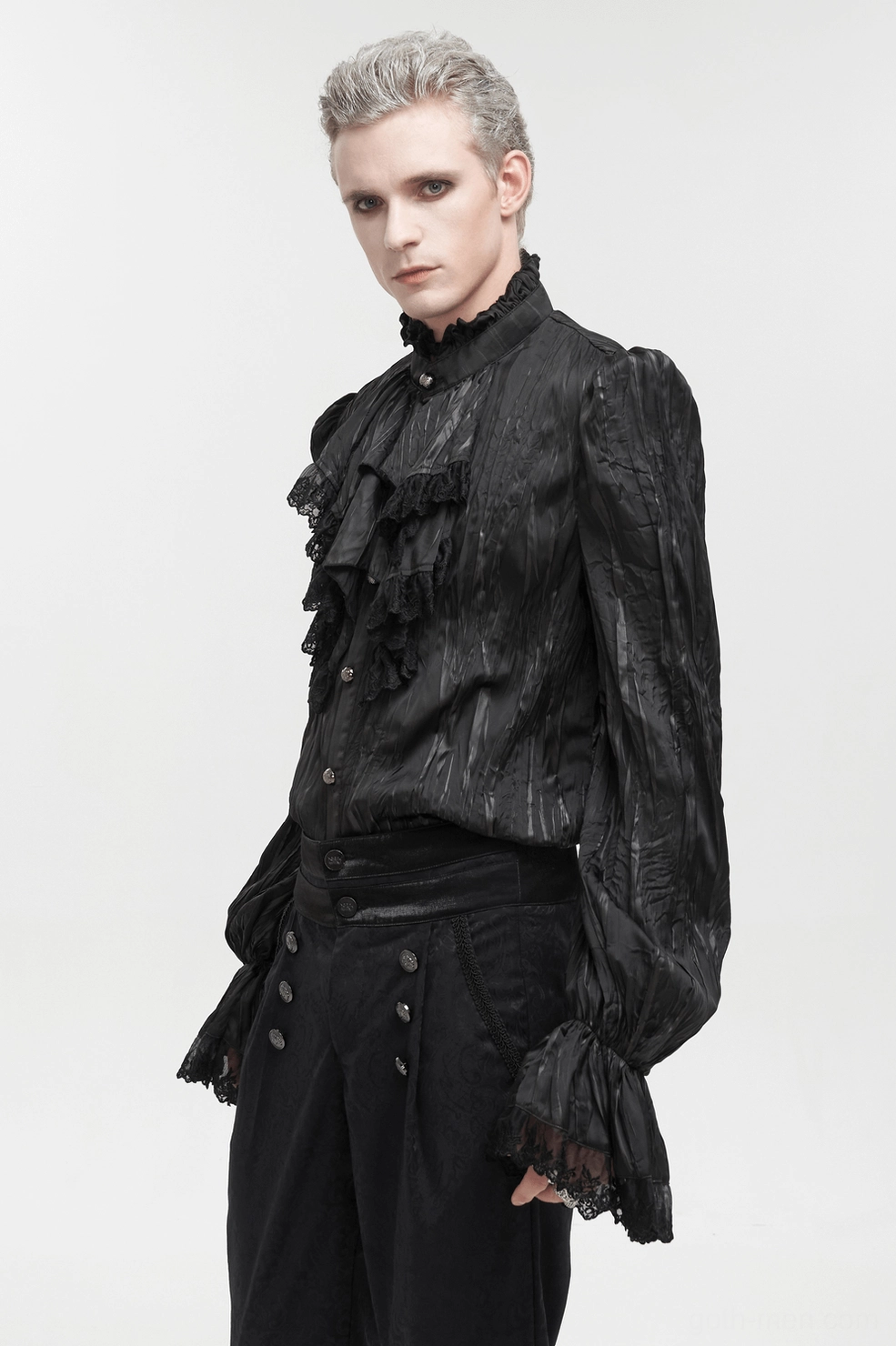 Men's gothic black ruffled shirt removable chain accessory detail showing customization feature for personalized styling