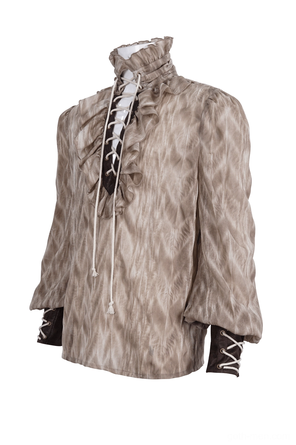 Gothic lace-up shirt side three-quarter view showing front lacing details and printed fabric pattern