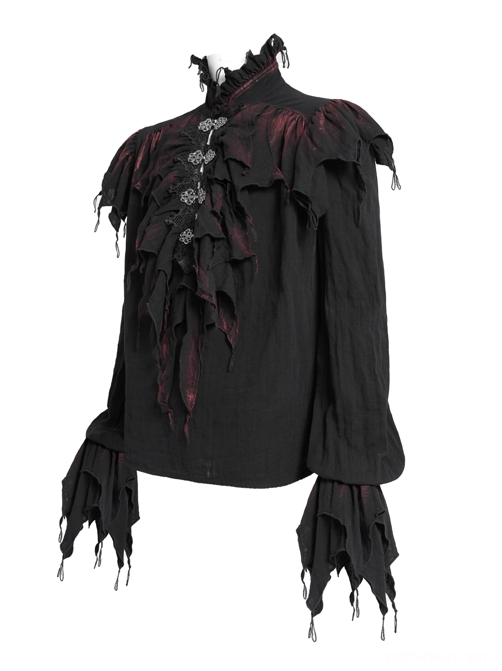 Gothic men's ruffled shirt side three-quarter flat lay, displaying high standing collar and tattered cuff details