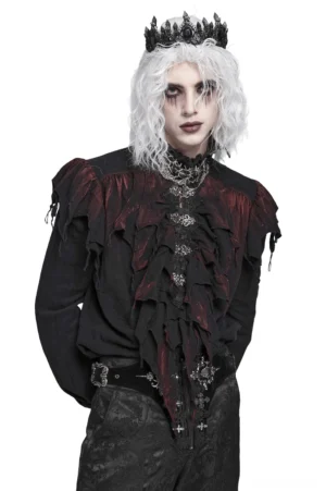 Black gothic ruffled shirt with silver clasps, front three-quarter view on male model with dramatic styling