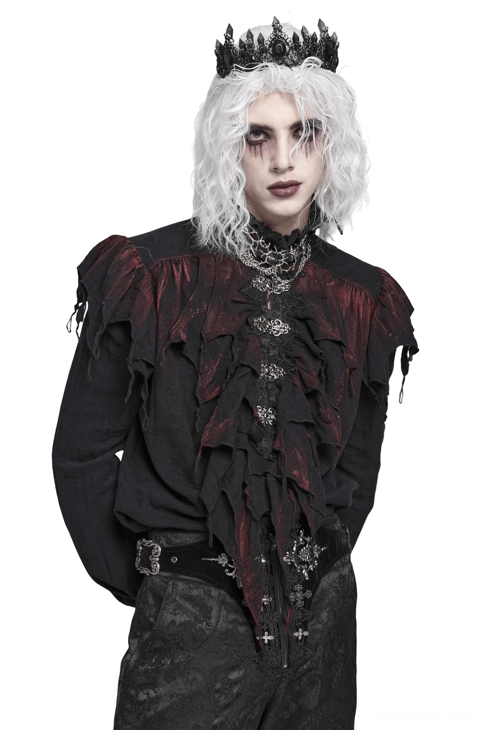 Black gothic ruffled shirt with silver clasps, front three-quarter view on male model with dramatic styling