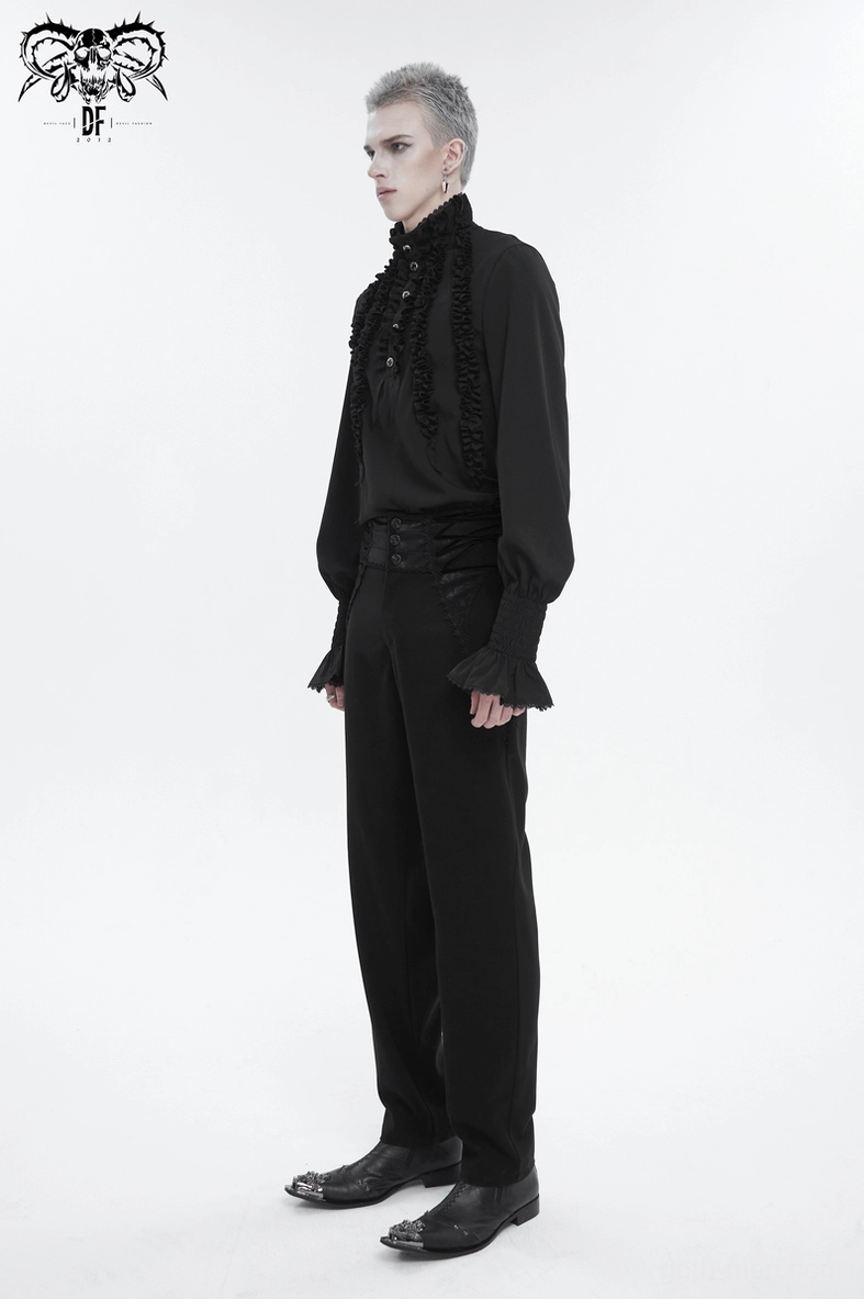 Black gothic ruffled shirt sleeve and cuff detail, showcasing smocked elastic and lace trim craftsmanship