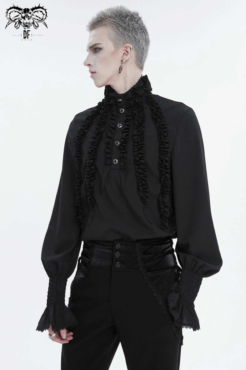 Black gothic ruffled shirt detail of smocked cuffs and sleeve construction on dress form