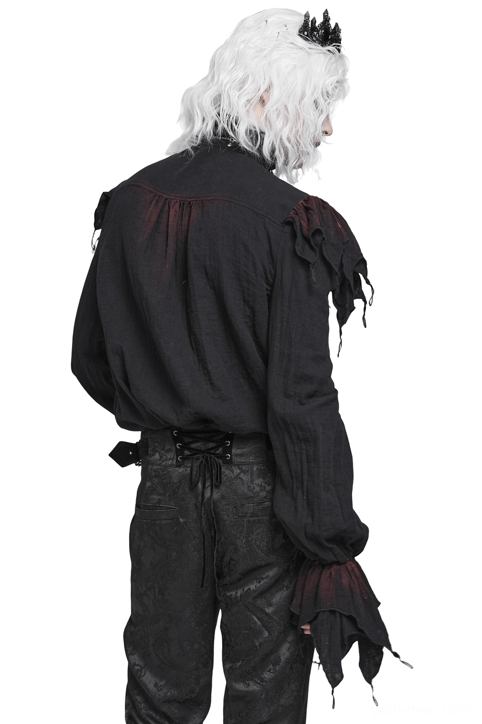 Tattered gothic vampire shirt rear view, showcasing distressed sleeves and back detail