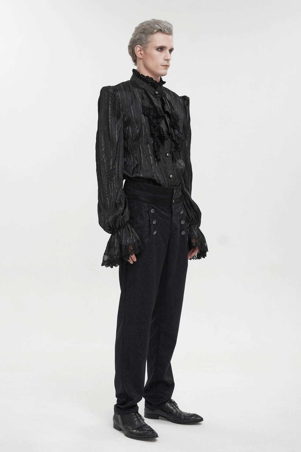 Men's gothic ruffled shirt as wearable art for dark fashion enthusiasts and alternative subculture communities