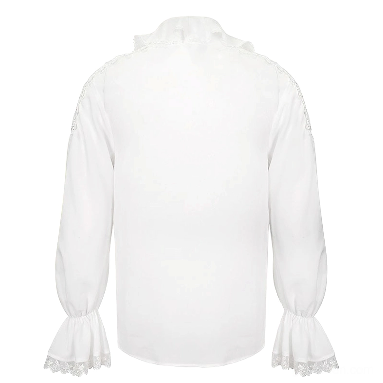 Men's Gothic Deep V Ruffled Shirt - Rear Full View with Stand Collar and Lace-Trimmed Cuffs in White