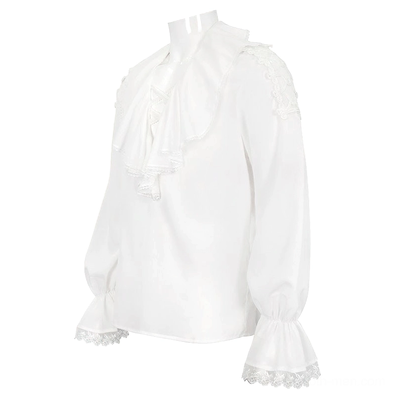 Men's Gothic Ruffled Shirt - Three Quarter View Featuring Decorative Shoulder Lace and Gathered Bell Sleeves