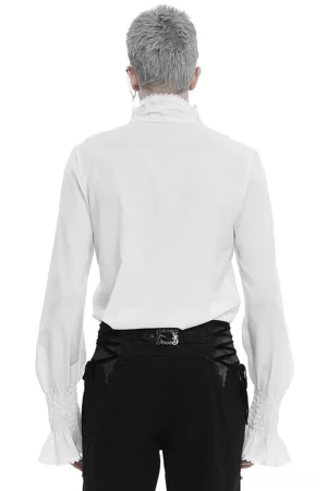 Gothic white ruffled shirt rear view showing structured back and bell cuffs with lace trim