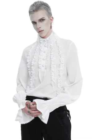 Gothic ruffled white shirt front view with lace-trimmed placket and smocked bishop sleeves on male model