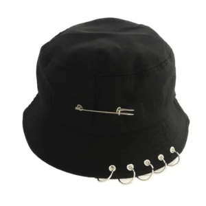 Black gothic safety pin bucket hat front view with metal ring embellishments on brim