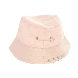 Pink gothic safety pin bucket hat front display with chrome metal ring trims