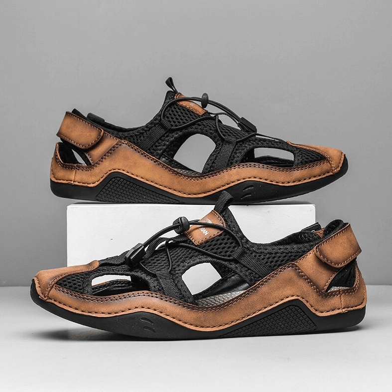 Gothic men's leather sandal detail showing breathable mesh lining and cushioned insole construction