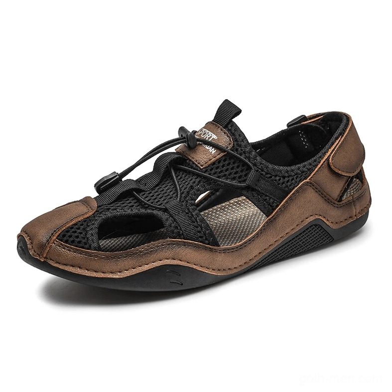 Gothic men's sandal brown and black tone side view showing non-slip rubber outsole and craftsmanship