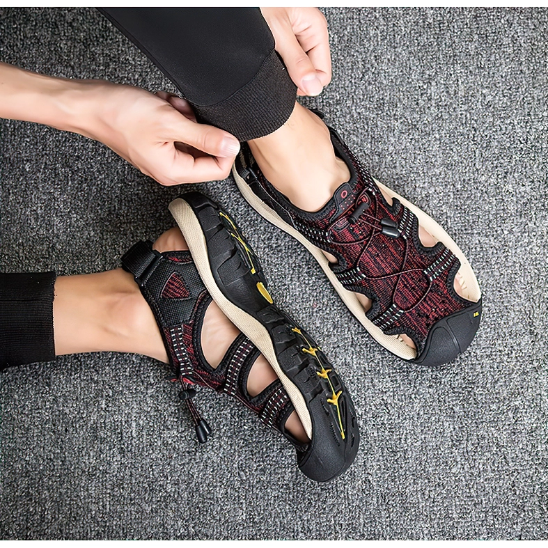 Men wearing gothic gladiator sandals two color variants drawstring fastener overhead action shot