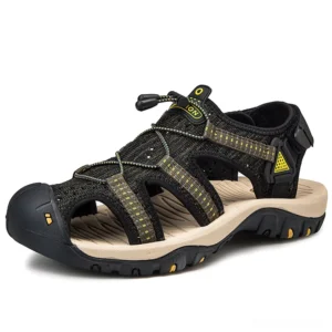 Black-green gothic sandals with yellow decorative straps beige rubber sole casual men's beach shoes