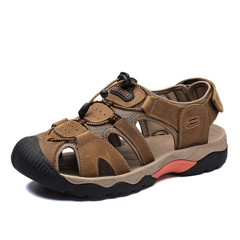 Brown split leather gothic sandals for men with pink rubber sole accent, front view