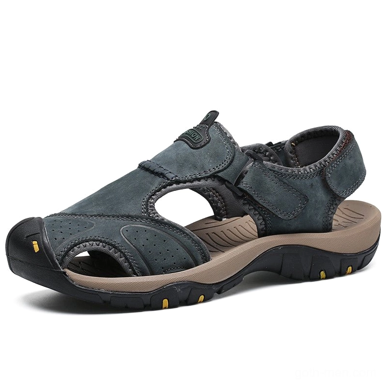 Dark grey suede leather gothic sandals with elastic heel strap and yellow outsole