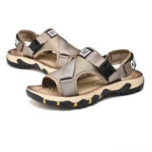 Alternative fashion sandals with khaki woven straps and quick-release buckle, flat lay side profile