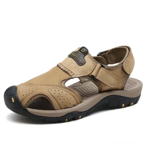 Khaki nubuck leather gothic sandals with woven front strap and yellow outsole, side three-quarter view