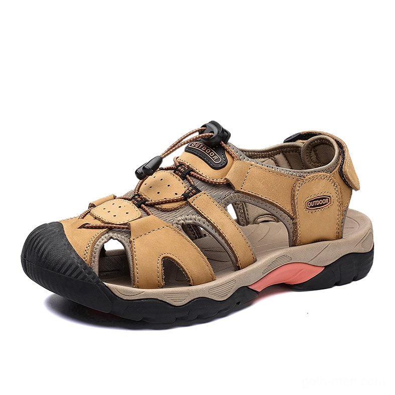 Tan khaki gothic split leather men's sandals with pink rubber sole and hook-loop closure
