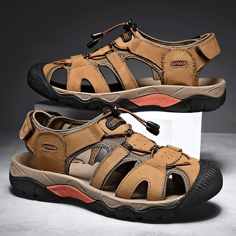Gothic men's sandals upper leather material and stitching craftsmanship detail