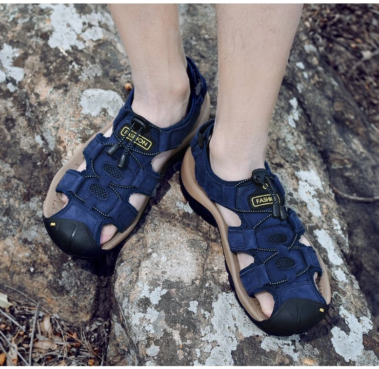 Genuine leather gothic sandals for men showcasing EVA foam insole and Lycra lining material