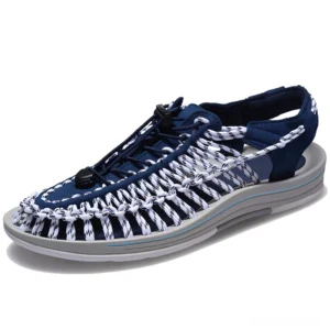 Navy blue and white woven alternative sandals with lace-up ankle strap design for men