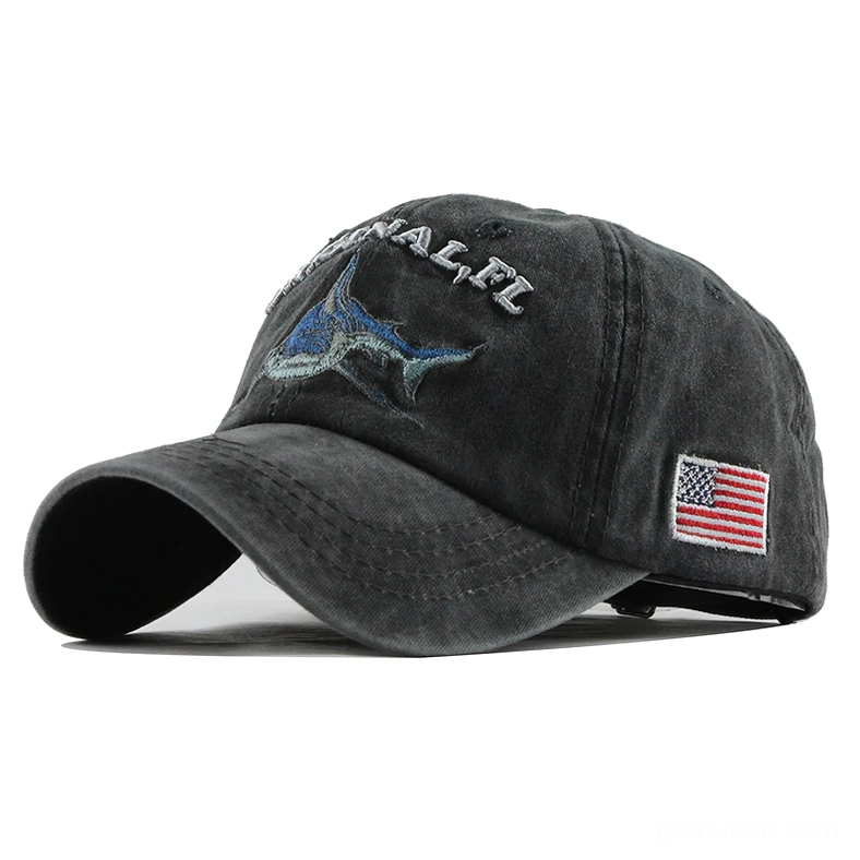 Brown dark gothic shark embroidered cap with vintage washed cotton texture