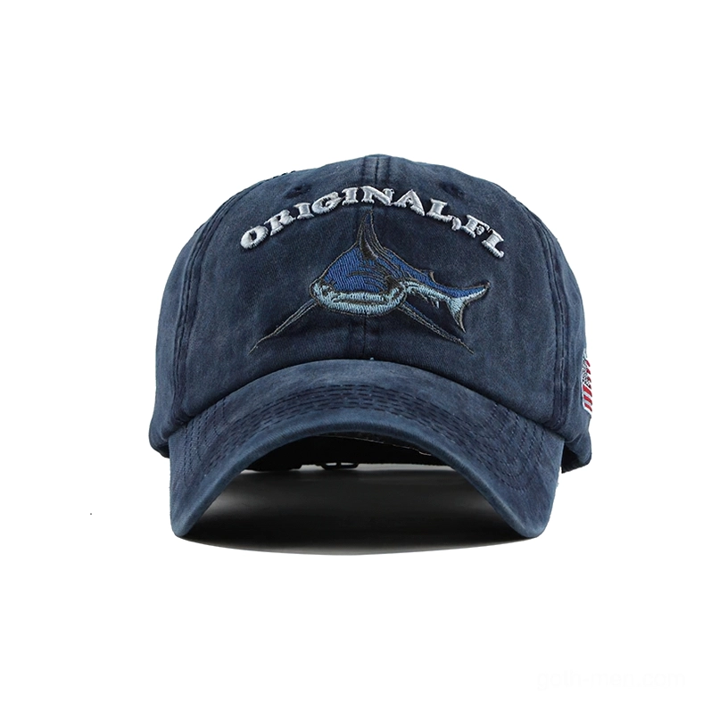 Gothic shark embroidered baseball cap front direct view with detailed shark design