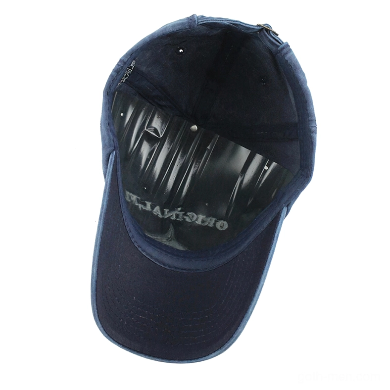 Interior of gothic shark cap showing embossed text on brim and adjustable strap