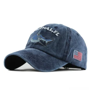 Midnight navy gothic shark embroidered baseball cap with vintage wash finish front three-quarter view