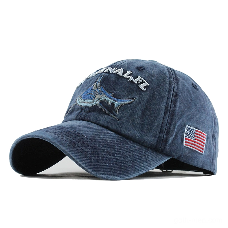 Midnight navy gothic shark embroidered baseball cap with vintage wash finish front three-quarter view