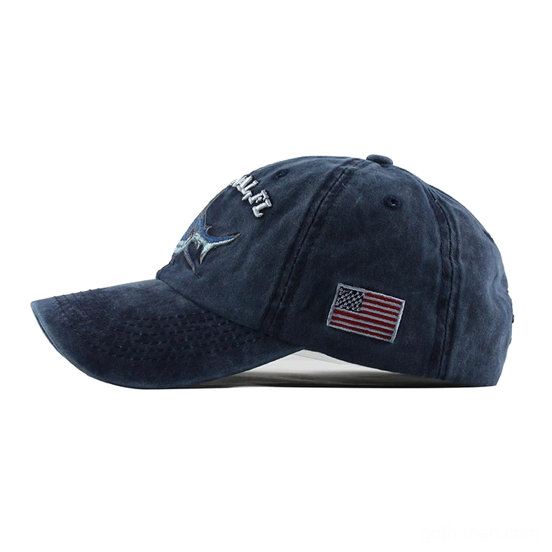 Midnight navy gothic shark cap left side profile showing embroidery detail
