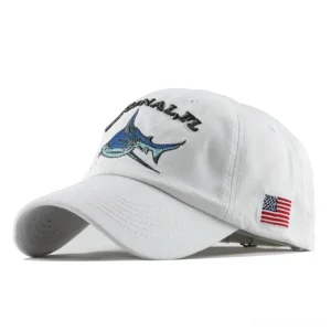 White gothic shark embroidered unisex baseball cap with adjustable strap studio shot
