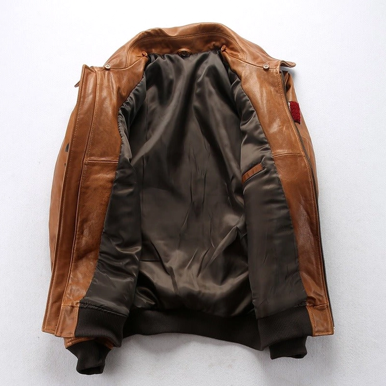 Gothic sheepskin bomber jacket front facing view with detachable fur collar and vintage military embroidery