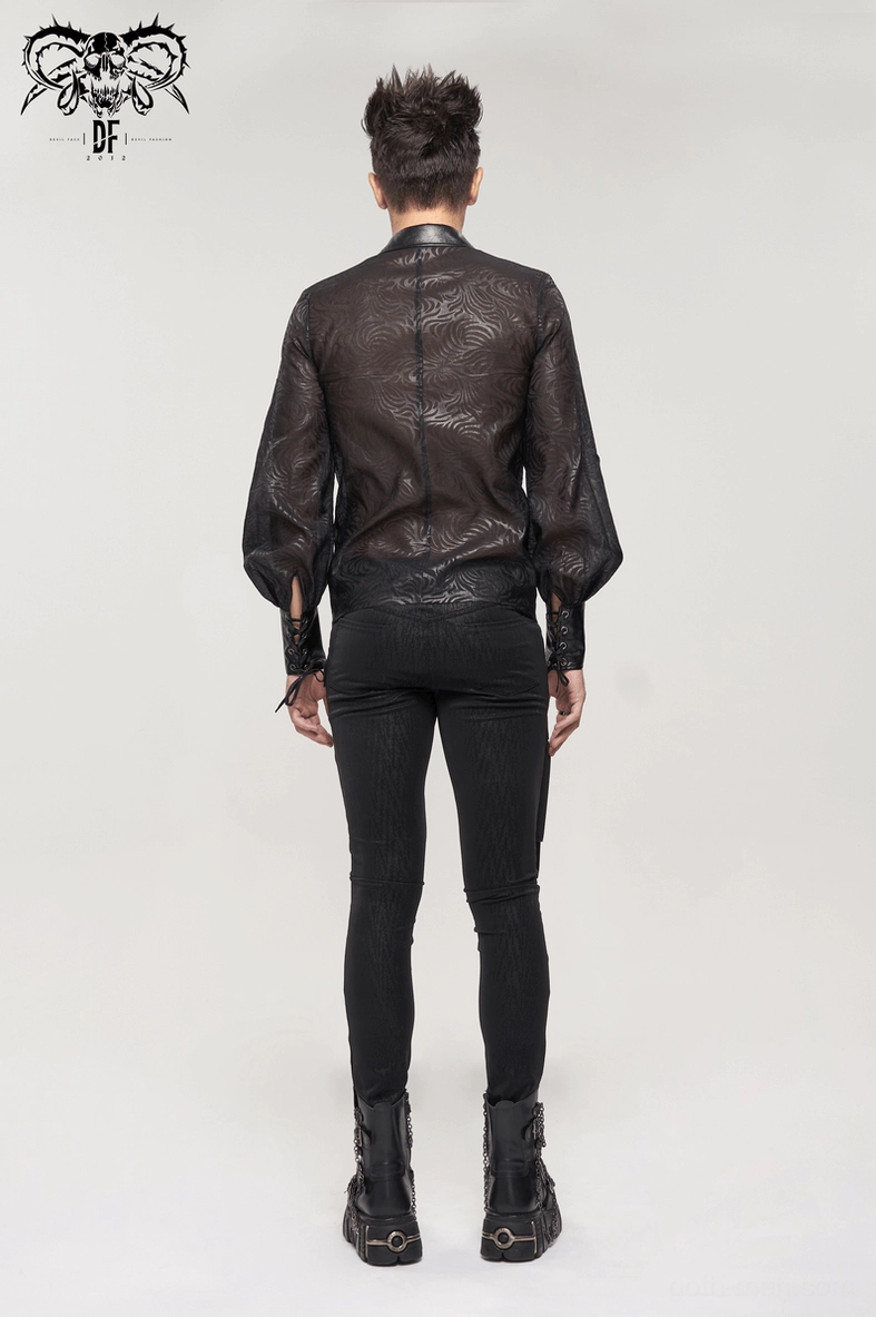 Black gothic sheer shirt layering demonstration showing transparent mesh base with jacquard pattern and pu leather trim integration