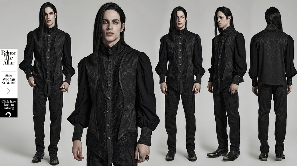 Bottom hem detail of gothic shirt showing asymmetrical pointed edge and hem construction technique