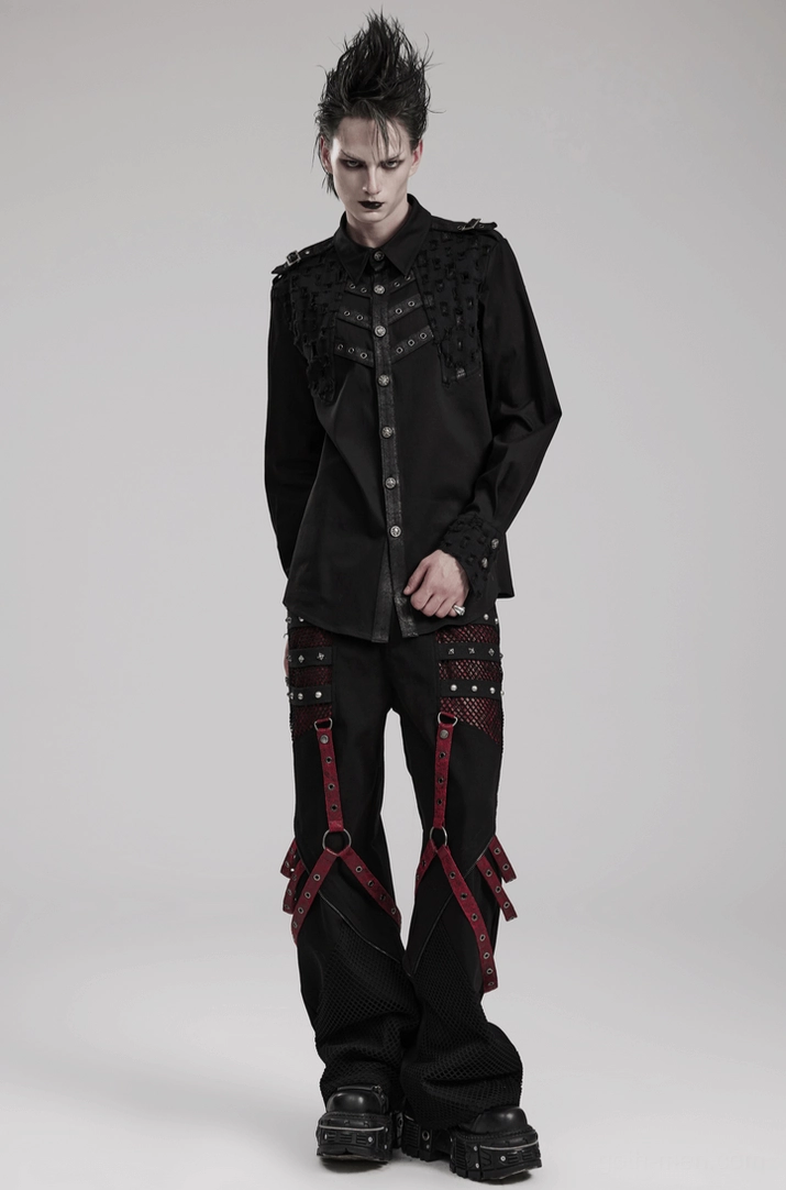 Black gothic punk long sleeve shirt highlighting avant-garde design elements and decayed symmetrical splicing details