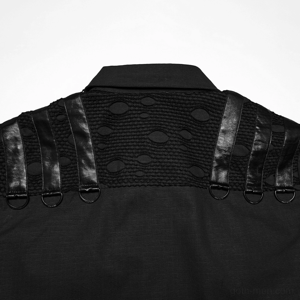 Close-up detail of black gothic shirt back - cutout mesh fabric and D-ring leather shoulder straps