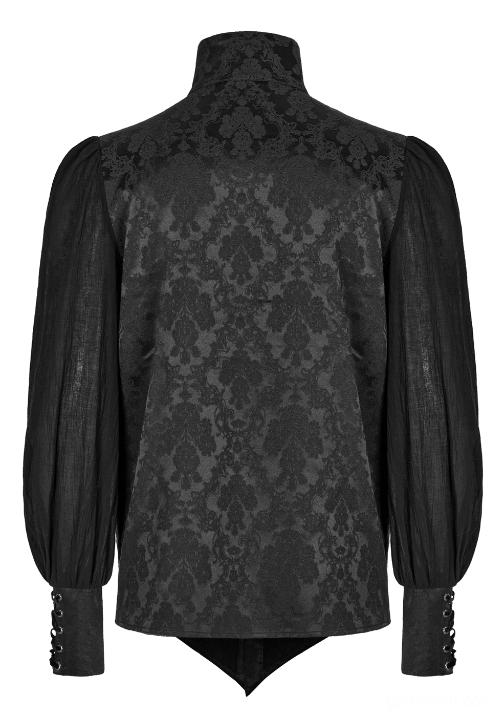 Rear flat lay of gothic jacquard shirt showing damask pattern, puff sleeves and pointed back hem